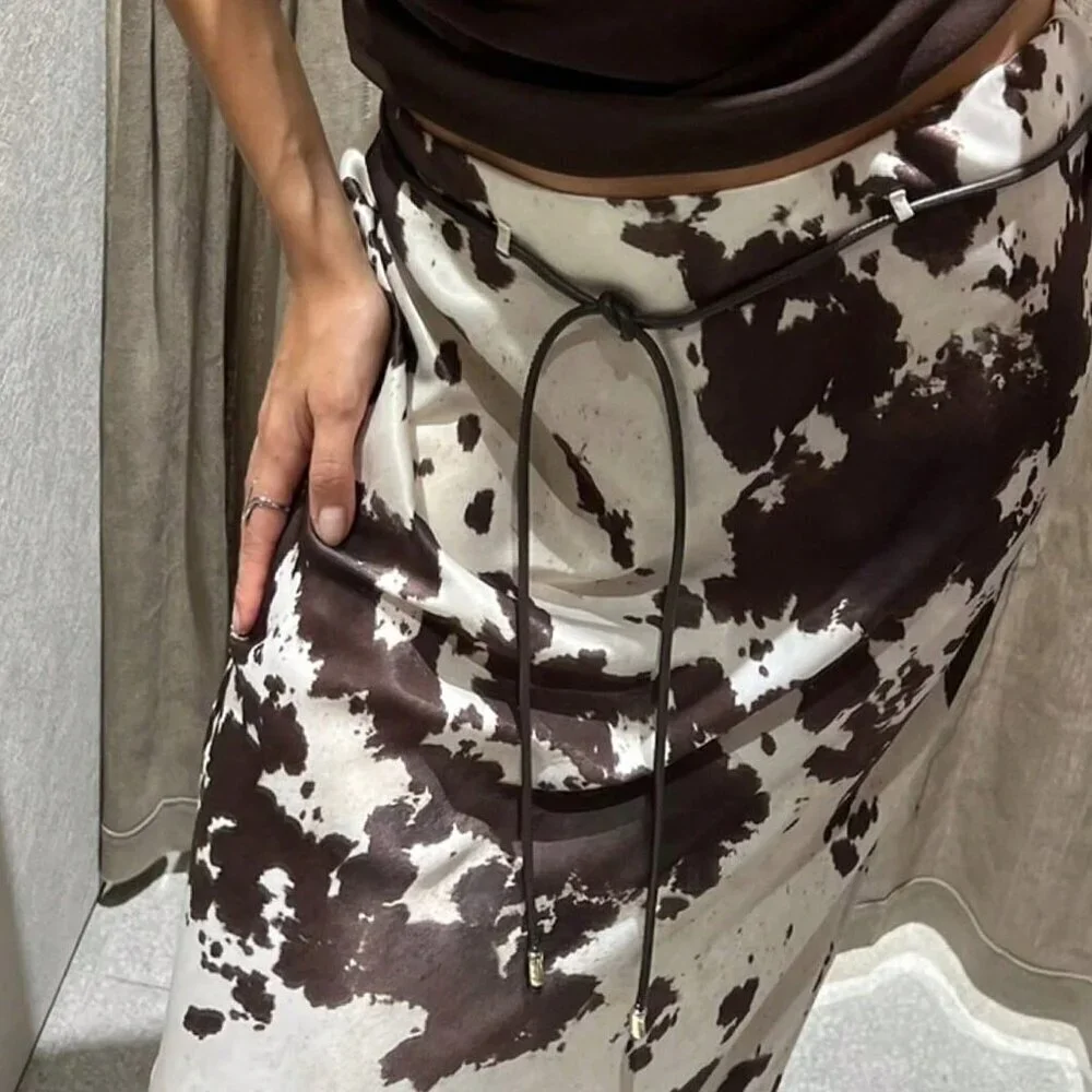 Multicolor Casual Women's Elegant Long Midi Satin Skirts with Animal Print